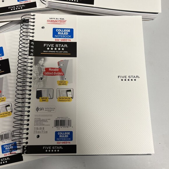 Five Star 5‑Subject College Ruled Spiral Notebook 220 Sheets White Pack of 3 - Picture 3 of 4